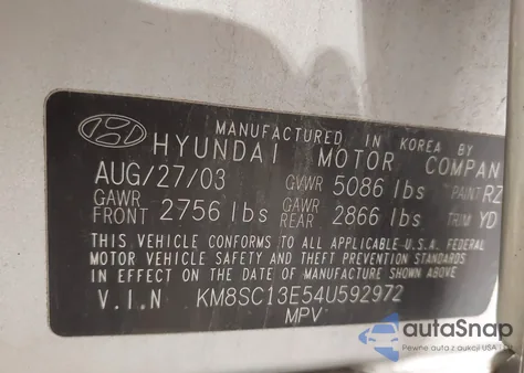 2004 Hyundai Santa Fe Gls/Lx z USA, uszkodzony, nr VIN KM8SC13E54U592972